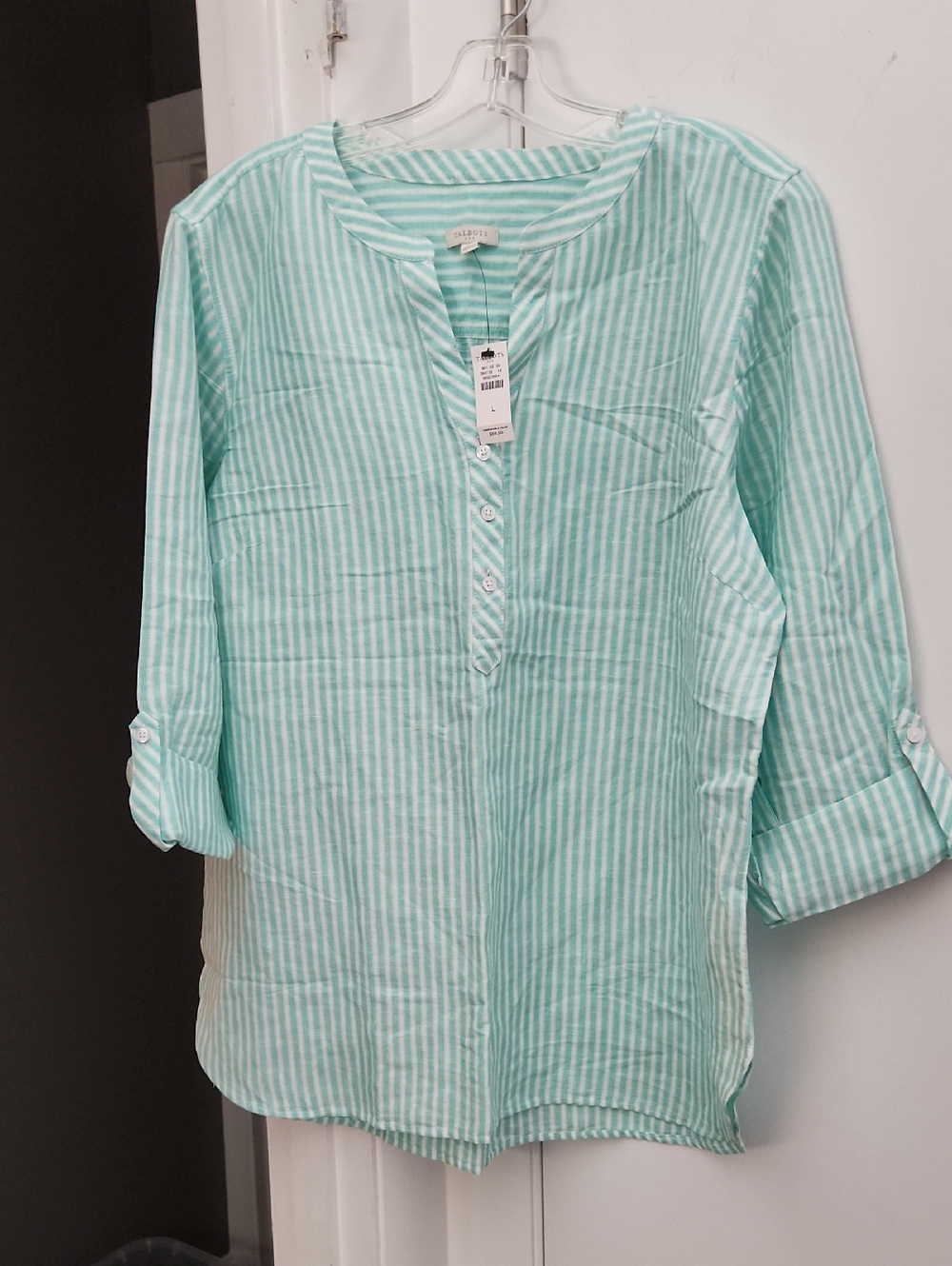 Talbots Striped Mint Green Button-Front Tunic Top